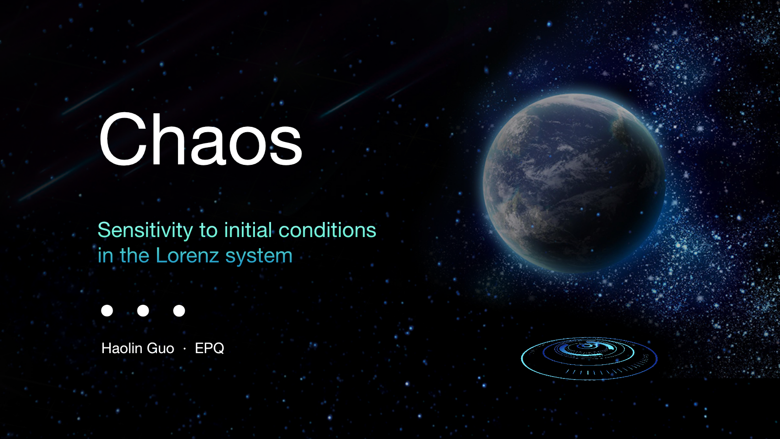 Title slide: Chaos — sensitivity to initial conditions in the Lorenz system
